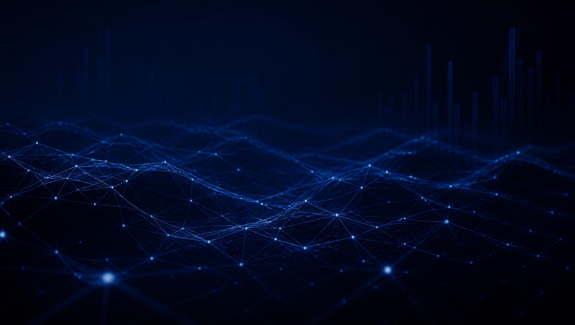 Abstract network of connected data points over a deep navy field